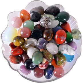 0.7Lb Natural Polished Gemstones and Rocks (25+PCs), Amethyst Cluster, Selenite & Tourmaline Included, Bulk Tumbled Crystals and Stone (0.6-1.2“ 320g)