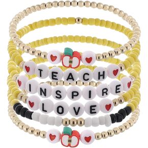 Cooluckday Teacher Bracelets Teacher Appreciation Stackable Stretch Bracelet Love Teach Inspire Clay Bracelets Preppy Jewelry Teacher Gifts