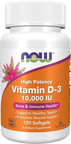 NOW Supplements، فيتامين د-3 10000 وحدة دولية، أعلى فاعلية، دعم هيكلي*، 120 كبسولة هلامية in Kuwait