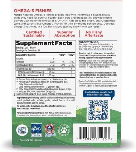 Nordic Naturals Nordic Omega-3 Fishies، Tutti Frutti - 36 Fishies - 300 مجم إجمالي أوميغا 3 مع EPA وDHA - دماغ صحي، مزاج، رؤية وجهاز مناعي - غير معدل وراثيًا - 36 حصة in Saudi Arabia