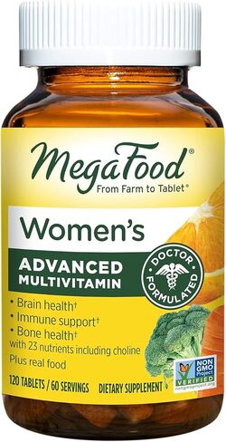 الفيتامينات المتعددة المتقدمة للسيدات من MegaFood - تم تركيبها بواسطة الطبيب بالحديد والكولين وفيتامين D وفيتامين C والزنك - صحة الدماغ - دعم المناعة - غير معدلة وراثيًا - نباتي - 120 قرصًا (60 حصة) in Kuwait