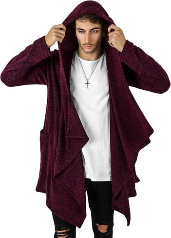 GIVON Mens Hooded Cardigan Ruffle Shawl Collar Drape Cape Overcoat with Pockets & Oversized Hood in Saudi Arabia