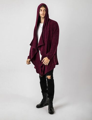 GIVON Mens Hooded Cardigan Ruffle Shawl Collar Drape Cape Overcoat with Pockets & Oversized Hood in Saudi Arabia