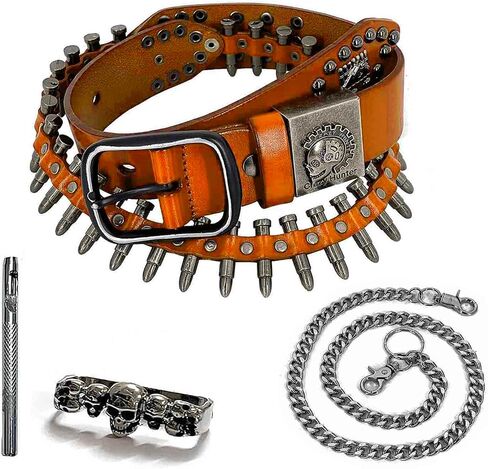 Full Bullet Rivet Belt Mens Real Leather Belt Punk Rocker Party Waistband With Biker Chain in Saudi Arabia
