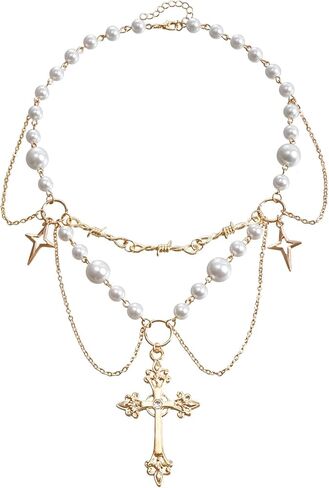 Gothic Pearl Cross Necklace for Women Chic Coquette Aesthetic Baddie Irregular Pearl Cubic Zirconia Cross Pendant Necklace Vintage Y2K Layered Statement Choker Bride Wedding Prom Dress Jewerly in Saudi Arabia