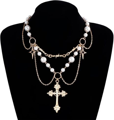 Gothic Pearl Cross Necklace for Women Chic Coquette Aesthetic Baddie Irregular Pearl Cubic Zirconia Cross Pendant Necklace Vintage Y2K Layered Statement Choker Bride Wedding Prom Dress Jewerly in Saudi Arabia