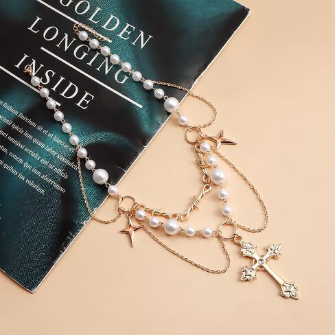 Gothic Pearl Cross Necklace for Women Chic Coquette Aesthetic Baddie Irregular Pearl Cubic Zirconia Cross Pendant Necklace Vintage Y2K Layered Statement Choker Bride Wedding Prom Dress Jewerly in Saudi Arabia