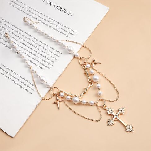 Gothic Pearl Cross Necklace for Women Chic Coquette Aesthetic Baddie Irregular Pearl Cubic Zirconia Cross Pendant Necklace Vintage Y2K Layered Statement Choker Bride Wedding Prom Dress Jewerly in Saudi Arabia