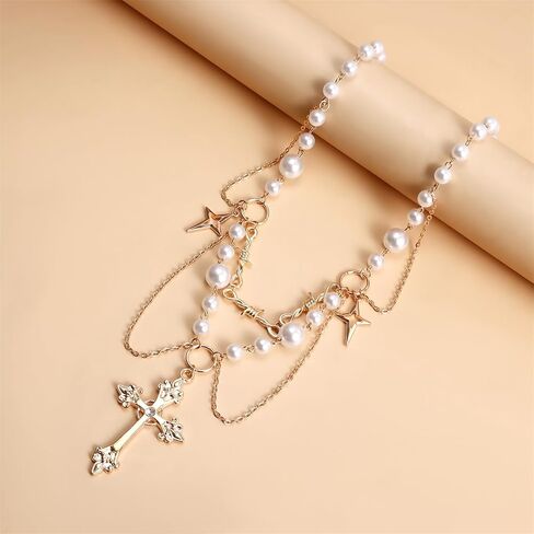 Gothic Pearl Cross Necklace for Women Chic Coquette Aesthetic Baddie Irregular Pearl Cubic Zirconia Cross Pendant Necklace Vintage Y2K Layered Statement Choker Bride Wedding Prom Dress Jewerly in Saudi Arabia