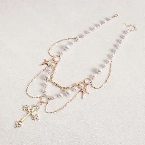 Gothic Pearl Cross Necklace for Women Chic Coquette Aesthetic Baddie Irregular Pearl Cubic Zirconia Cross Pendant Necklace Vintage Y2K Layered Statement Choker Bride Wedding Prom Dress Jewerly in Saudi Arabia