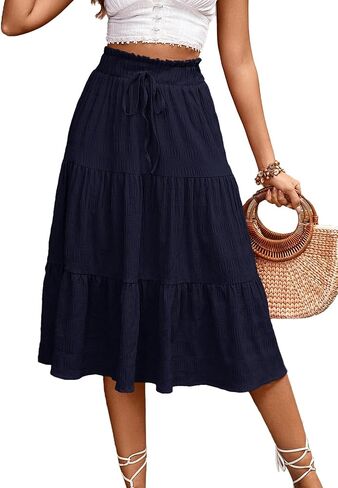 HELYO Women's Casual Summer Skirts Boho High Elastic Waisted Flowy Drawstring Ruched A Line Tiered Midi Dress Skirt in Saudi Arabia