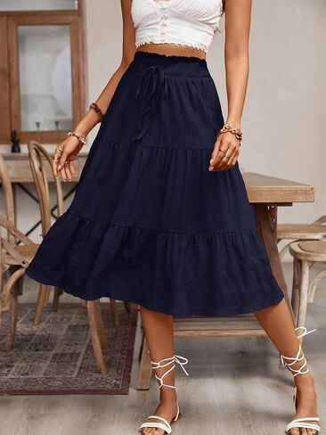 HELYO Women's Casual Summer Skirts Boho High Elastic Waisted Flowy Drawstring Ruched A Line Tiered Midi Dress Skirt in Saudi Arabia
