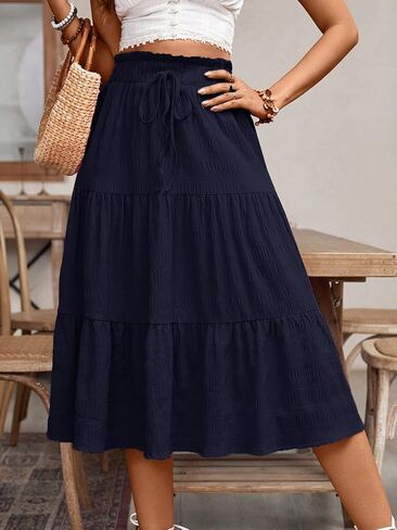 HELYO Women's Casual Summer Skirts Boho High Elastic Waisted Flowy Drawstring Ruched A Line Tiered Midi Dress Skirt in Saudi Arabia