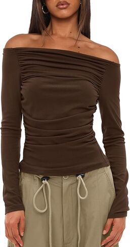 Darong Women Off Shoulder Shirts Long Sleeve Ruched Going Out Tops Trendy Slim Fit Fall Blouses Y2K Tops in Saudi Arabia