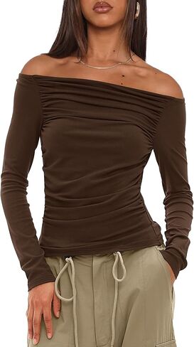 Darong Women Off Shoulder Shirts Long Sleeve Ruched Going Out Tops Trendy Slim Fit Fall Blouses Y2K Tops in Saudi Arabia