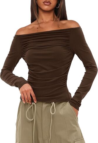 Darong Women Off Shoulder Shirts Long Sleeve Ruched Going Out Tops Trendy Slim Fit Fall Blouses Y2K Tops in Saudi Arabia
