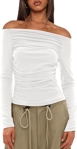 Darong Women Off Shoulder Shirts Long Sleeve Ruched Going Out Tops Trendy Slim Fit Fall Blouses Y2K Tops in Saudi Arabia