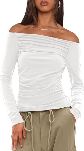 Darong Women Off Shoulder Shirts Long Sleeve Ruched Going Out Tops Trendy Slim Fit Fall Blouses Y2K Tops in Saudi Arabia