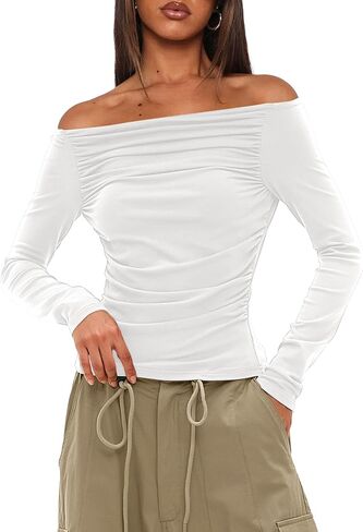 Darong Women Off Shoulder Shirts Long Sleeve Ruched Going Out Tops Trendy Slim Fit Fall Blouses Y2K Tops in Saudi Arabia
