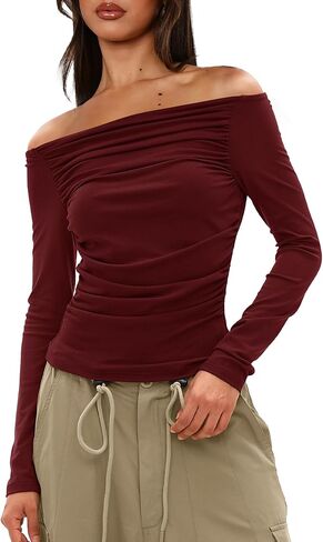 Darong Women Off Shoulder Shirts Long Sleeve Ruched Going Out Tops Trendy Slim Fit Fall Blouses Y2K Tops in Saudi Arabia
