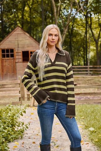 GRACE KARIN Womens Fall Fashion 2024 Sweater Long Sleeve Striped Contrast V Neck Knit Pullover Tops Trend Outfits in Saudi Arabia