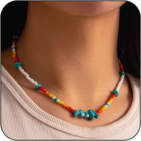 Colorful Beaded Necklace for Women Freshwater Beaded Pearl Choker Necklace for Women Y2K Trendy Pearl Necklace Boho Surfer Beach Necklace Summer Handmade Jewelry in Saudi Arabia