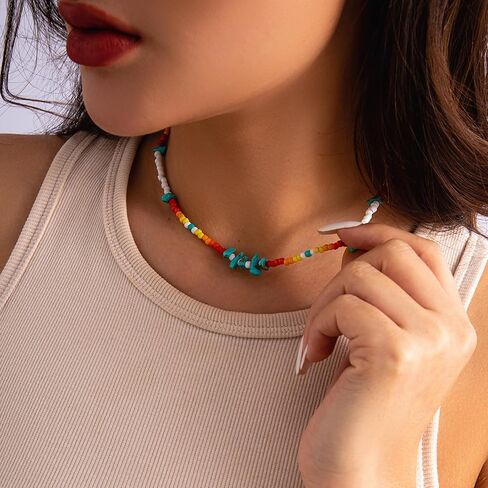 Colorful Beaded Necklace for Women Freshwater Beaded Pearl Choker Necklace for Women Y2K Trendy Pearl Necklace Boho Surfer Beach Necklace Summer Handmade Jewelry in Saudi Arabia