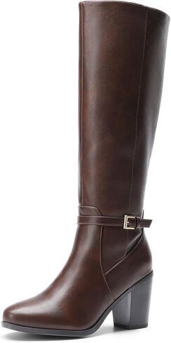 DREAM PAIRS Women Comfortable Chunky Knee-High Boots | Retro Buckle Boots Blend Almond Toes, Sleek Legs, and All-day Grip in Saudi Arabia