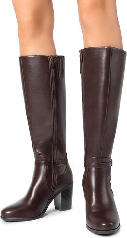 DREAM PAIRS Women Comfortable Chunky Knee-High Boots | Retro Buckle Boots Blend Almond Toes, Sleek Legs, and All-day Grip in Saudi Arabia