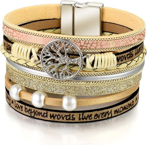 سوار من الجلد ذو طبقات بوهو بوهيمي أساور واسعة ملفوفة على شكل شجرة الحياة مجوهرات معصم للنساء in Kuwait