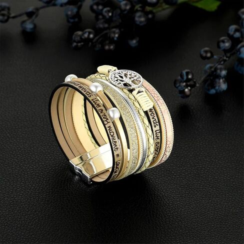 سوار من الجلد ذو طبقات بوهو بوهيمي أساور واسعة ملفوفة على شكل شجرة الحياة مجوهرات معصم للنساء in Kuwait