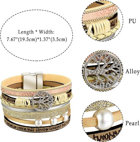 سوار من الجلد ذو طبقات بوهو بوهيمي أساور واسعة ملفوفة على شكل شجرة الحياة مجوهرات معصم للنساء in Kuwait