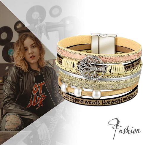 سوار من الجلد ذو طبقات بوهو بوهيمي أساور واسعة ملفوفة على شكل شجرة الحياة مجوهرات معصم للنساء in Kuwait