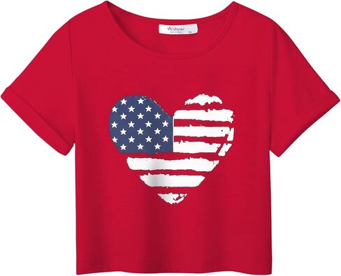 Arshiner Girls July 4th American Flag T Shirts Crop Top Short Sleeve Shirt Tee in Saudi Arabia