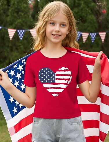 Arshiner Girls July 4th American Flag T Shirts Crop Top Short Sleeve Shirt Tee in Saudi Arabia