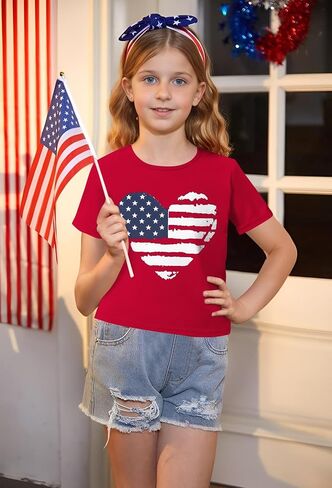 Arshiner Girls July 4th American Flag T Shirts Crop Top Short Sleeve Shirt Tee in Saudi Arabia