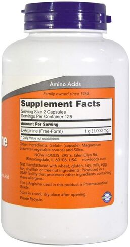 NOW L-Arginine 500 mg، 250 كبسولة نباتية (قد تختلف التعبئة والتغليف in Kuwait
