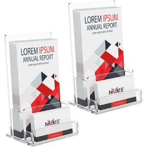 NIUBEE 6-Pack Acrylic Brochure Holder 4‘’ , Clear Brochure Display Stand with Acrylic Business Card Holder, Plastic Flyer Display Stand for Magazine, Pamphlet, Booklets, Menu, Journals, Business Card