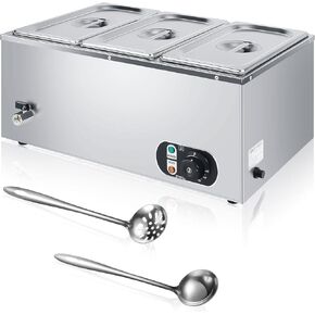 Electric Commercial Food Warmer 110V Buffet Food Warmer Stainless Steel Electric Countertop Steamer with Temperature Control, Tap and Lid for Catering Restaurant Parties (3 Pan)