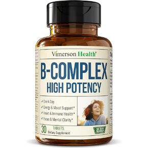 Vitamin B Complex with Vitamin B12, Niacin, Vitamin B2, Vitamin B6, Folic Acid 400mcg. B Complex Vitamins for Women & Men. Aids Mood, Energy, Nervous System & Immune Support. High Potency. One a Day