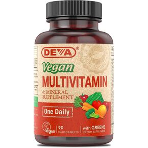 DEVA Vegan Multivitamin and Mineral Supplement - Once-Per-Day Formula with Greens - Vitamins A, C, D, E, B Complex, High-Potency Formulation for Daily Health and Wellness- 90 Coated Tablets, 1-Pack