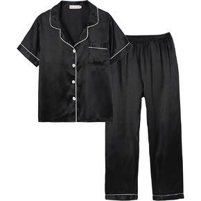 Unisex Kids Boys and Girls Pajama Sets Summer Short Sleeve Long Pants 2pcs Silky Sleepwear Button Down Loungewear