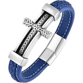 Men's Leather Cross Bracelet, Stainless Steel Religious Sideway Cross Faith Bracelet Bangle Christian Prayer Jewelry Gift for Men