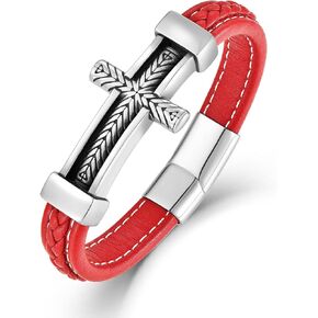 Men's Leather Cross Bracelet, Stainless Steel Religious Sideway Cross Faith Bracelet Bangle Christian Prayer Jewelry Gift for Men