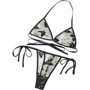 Embroidered Honeymoon Lingerie For Women Halter Neck Non Padded Bra & V-Strings, Womens Lingerie Set & Underwear