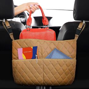 Car Net Pocket Handbag Holder Between Seats, Luxury Quilted PU Leather Purse Car Organizer With 2 Extra Pockets For Storage, Black
