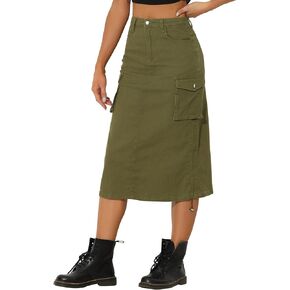 Allegra K Cargo Skirt for Women's High Waisted Pencil Skirt Flap Pocket A-Line Jean Midi Skirt