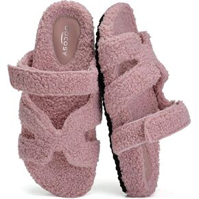 Womens Fuzzy H-Band Slippers Faux Shearling Open Toe Slide Sandal Adjustable House Shoes Wide Width