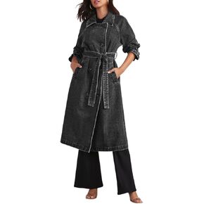 Women's Double Breasted Lapel Belted Maxi Long Denim Jacket Distressed Long Sleeve Jean Trench Coat with Pockets