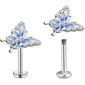 16G Dainty Butterfly Labret Cartilage Stud Earrings for Women Girls 316L Surgical Stainless Steel Crystal Cubic Zirconia Butterflies Monroe Tragus Helix Tiny Studs Lip Nose Rings Cute Medusa Piercing Body Jewelry Gifts Bar 6mm 8mm